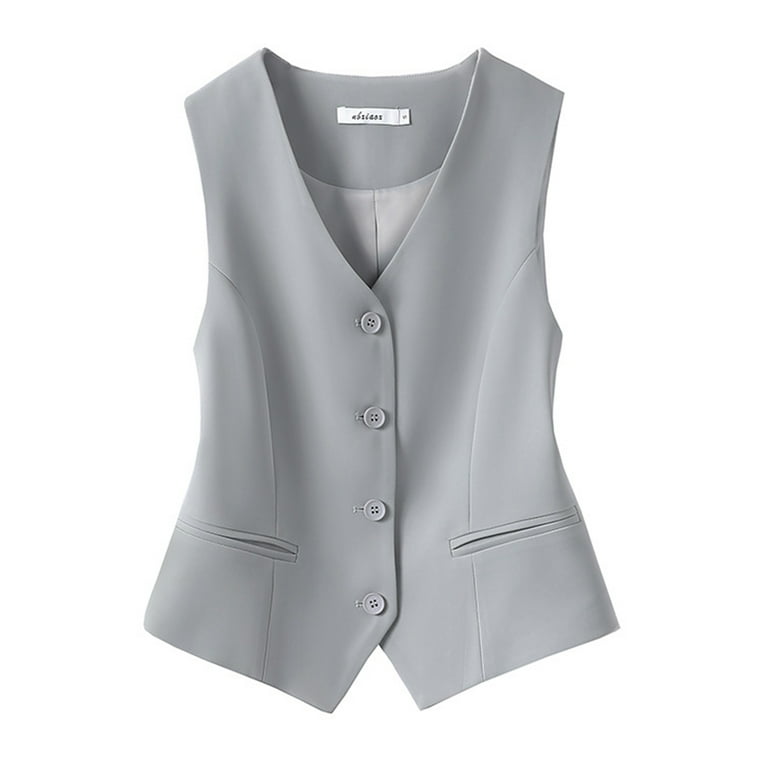 Women Formal Vest V Neck Single breasted Sleeveless Cardigan Solid Color Loose OL Commute Office Wear Waistcoat Lady Coat S Light Grey