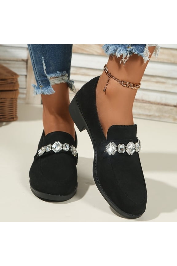 Women Four Season Low Heel Loafers Solid Color Rhinestone Round Toe Shallow Mouth Thick Sole Flock Casual Shoes for Ladies