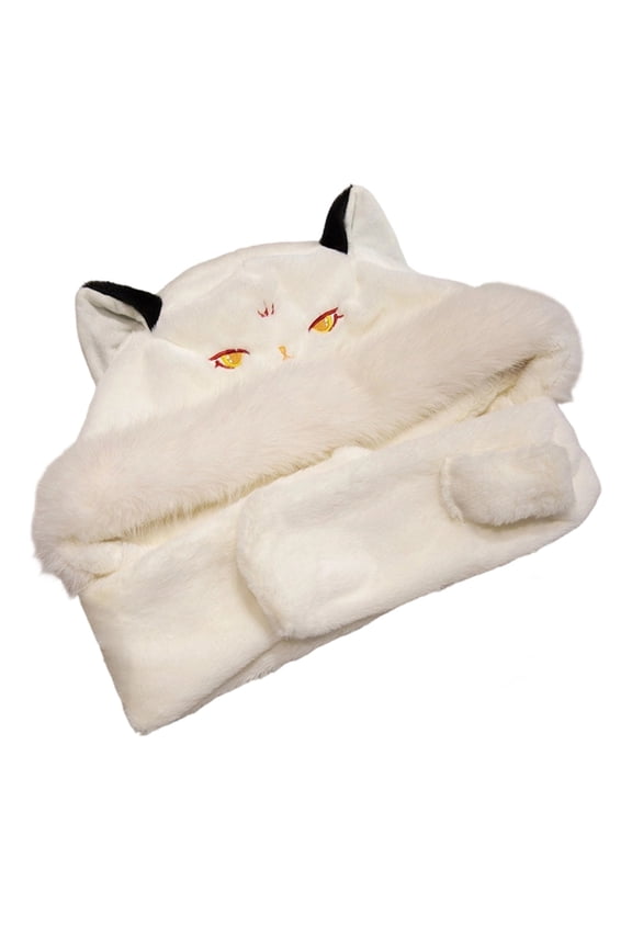 Women Fox Ear Flap Hat with Scarf, Cute Animal Winter Hat Set, Plush Faux Fur Lined for Extreme Cold Weather. White 1PC