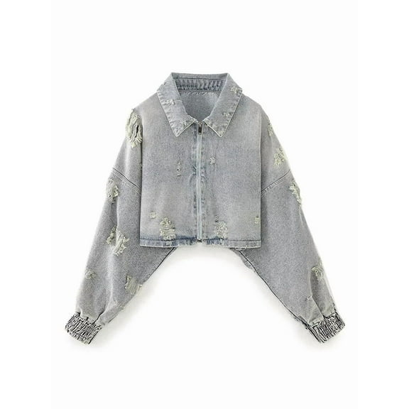 Women Frayed Batwing Sleeve Denim Jacket with Turn-Down Collar - Thick Cotton Outerwear for Autumn Winter Blue M