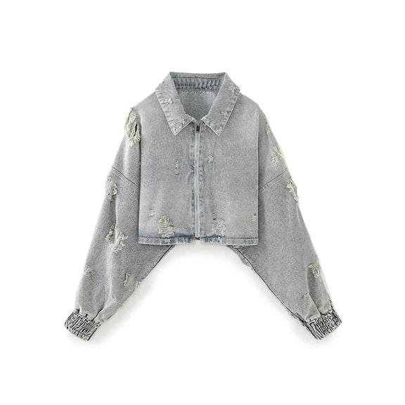 Women Frayed Batwing Sleeve Denim Jacket with Turn-Down Collar - Thick Cotton Outerwear for Autumn Winter Blue S