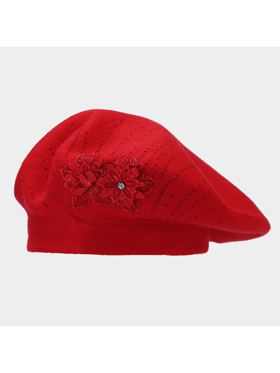 Women French Beret hat Reversible Solid Color Floral Warm Knitted Beret Cap