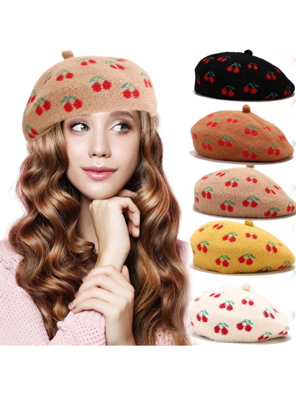 Women French Style Beret Cherry Beret Hats Winter Hats Artist Cap Dress Winter Women Beanie Hats