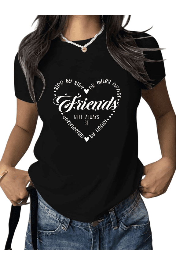 Women Friends Connected By Heart Graphic Crew Neck Printed Cotton T Shirt Long Distance Friend Top Black S-5XL