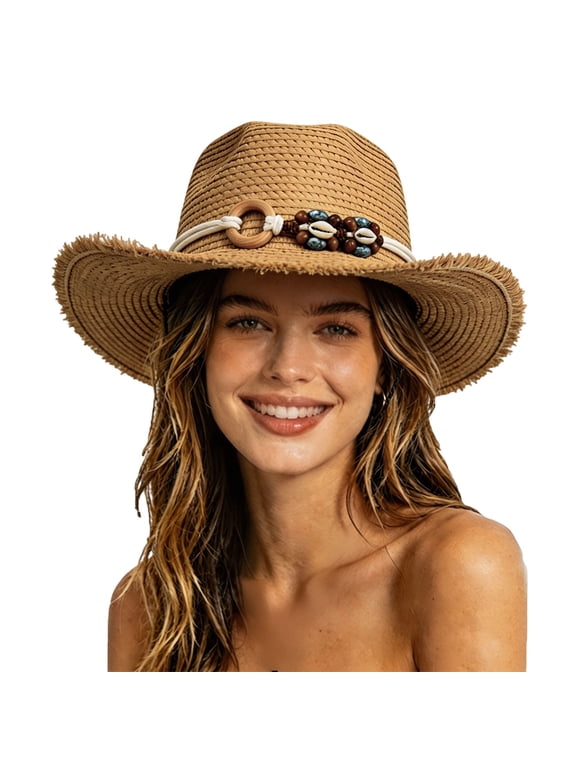 Women Fringe‑Edge Raffia Straw Hat Wooden‑Ring Shell‑Bead Decor Fold‑able Sun Hat