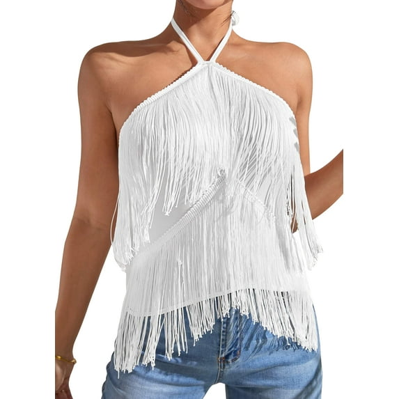 Women Fringe Hem Cami Top Solid Tassel Halter Neck Shirts Y2K Backless Lace Up Vest Blouse Fashion Asymmetrical Hem Tops Party Rave Club Festival Tank Tops