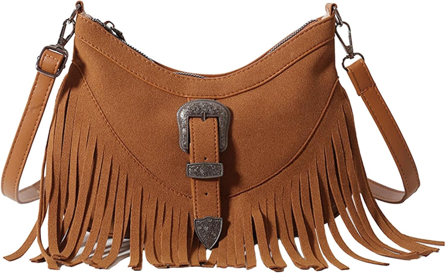 Women Fringe Hobo Bag Faux Suede Shoulder Bag Retro Crossbody Bag Boho Purse with Adjustable Strap