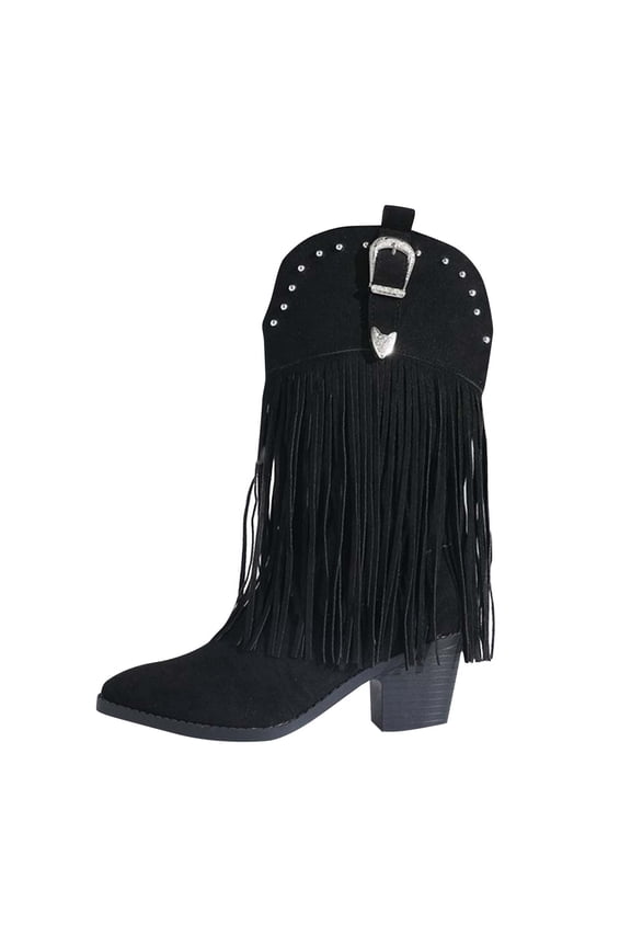 Women Fringe Knee High Boots Rhinestone Cowgirl Cowboy Boots Chunky Heel Knee High Boots Calf Tassel Western Boots