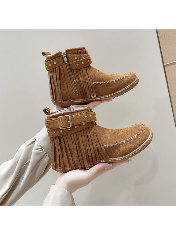 Women Fringe Moccasin Ankle Boots Suede Studded Buckle Strap Back Zipper Flat Western Booties Brown 9.5