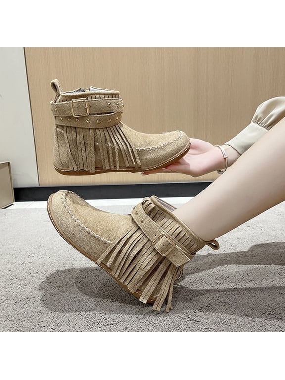 Women Fringe Moccasin Ankle Boots Suede Studded Buckle Strap Back Zipper Flat Western Booties Khaki 7