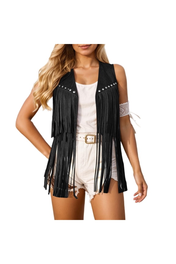 Women Fringe Vest 70s Hippie Suede Rivets Tassel Sleeveless Cowgirl Western Jacket Outerwear/Black/2XL