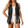 thumbnail image 1 of Women Fringe Vest 70s Hippie Suede Rivets Tassel Sleeveless Cowgirl Western Jacket Outerwear/Black/L, 1 of 5
