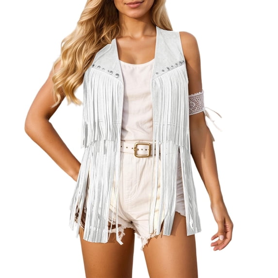 Women Fringe Vest 70s Hippie Suede Rivets Tassel Sleeveless Cowgirl Western Jacket Outerwear/White/XL