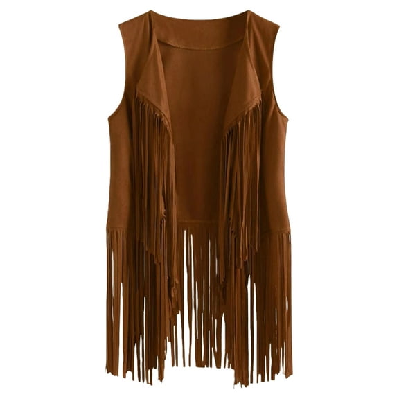 Women Fringe Vest 70s Hippie Faux Suede Sleeveless Tassels Cardigan Cowgirl Western Tops Brown XL