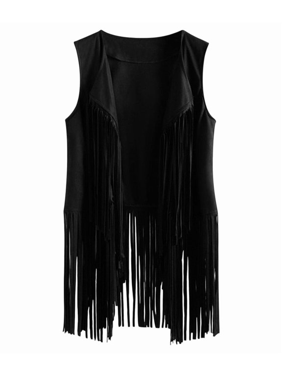 Women Fringe Vest 70s Hippie Faux Suede Sleeveless Tassels Cardigan Cowgirl Western Tops