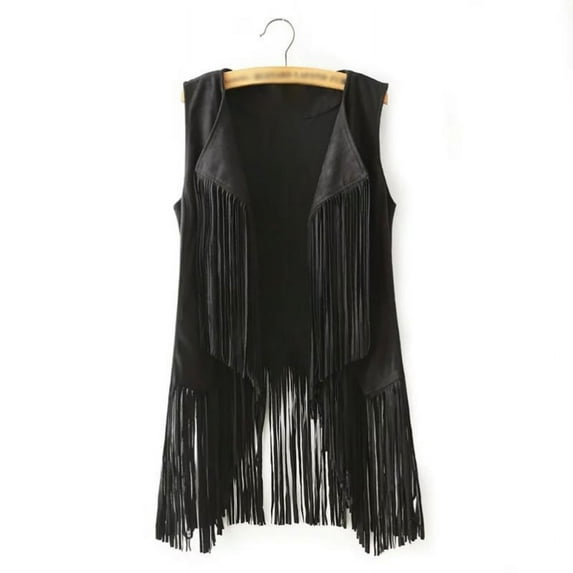 Women Fringe Vest Leather Vintage Winter Western Country Cowgirl Vest Cardigan Waistcoat Gilet Long Femme Black XXXL