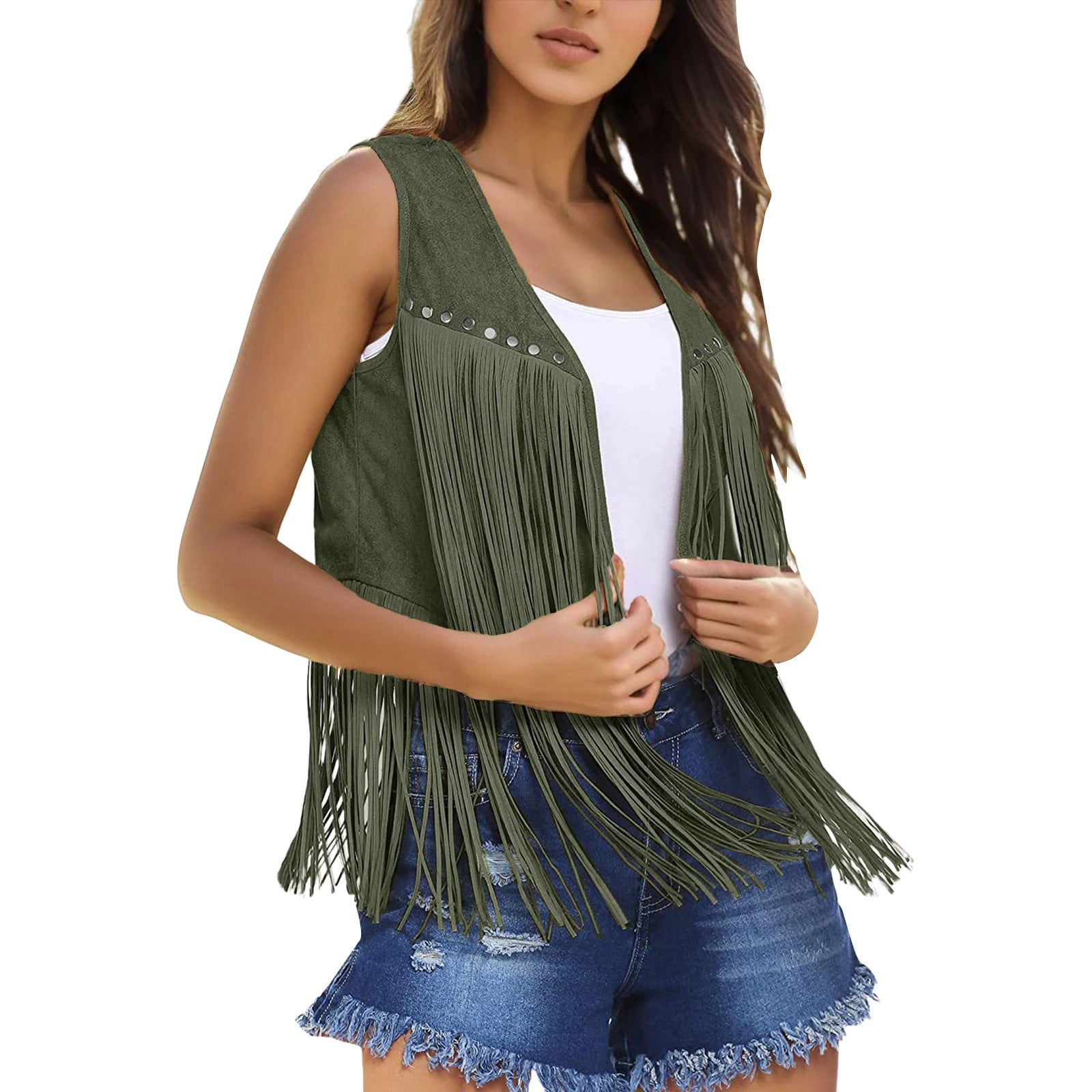 Women Fringe Vest Faux Suede Open Front Vintage Vest