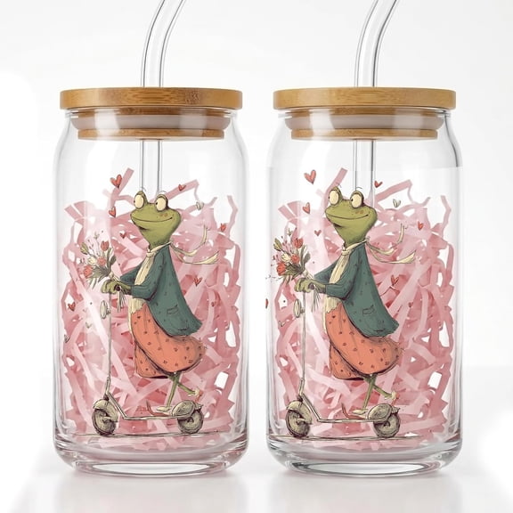Women Frog Riding A Scooter Glass Cups With Straws, Cute Tumbler Iced Coffee Cup With Bows, Valentine Zipper