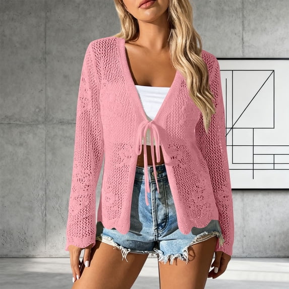 Yijfswar Women Front Cardigan Crochet Hollow Out Long Sleeves Summer Cardigans Beach Swim Cover Up