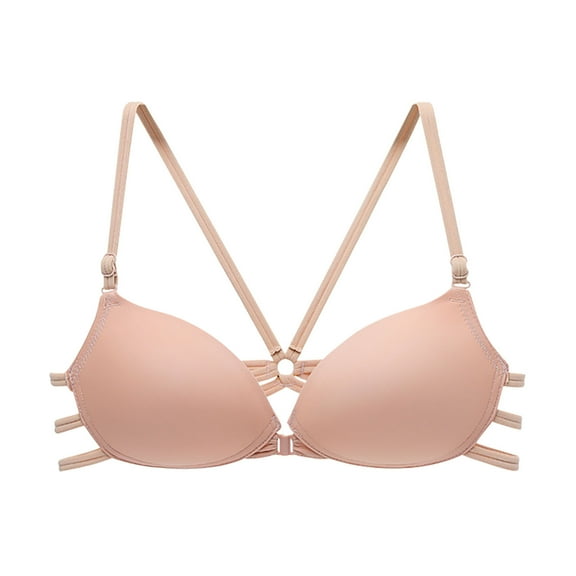Women Front Closure Bras Strappy Hollow-Outed Lace Racerback Shaping Push Up Bra Padded Plunge Wireless Bralette, Beige