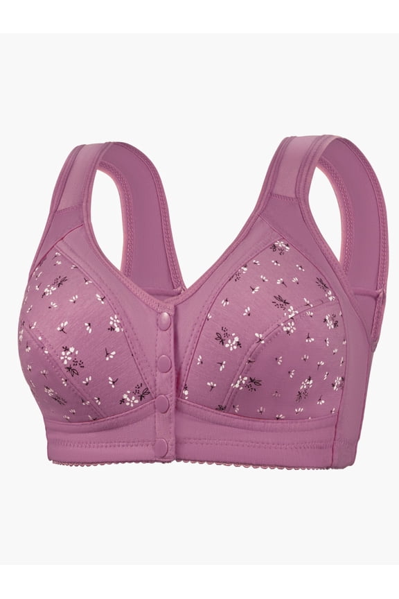 Women Front Closure Floral Lace Bra Comfort Support Underwire T-Shirt Bralette Soft Wireless Everyday Wear, S/36, Dark Purple