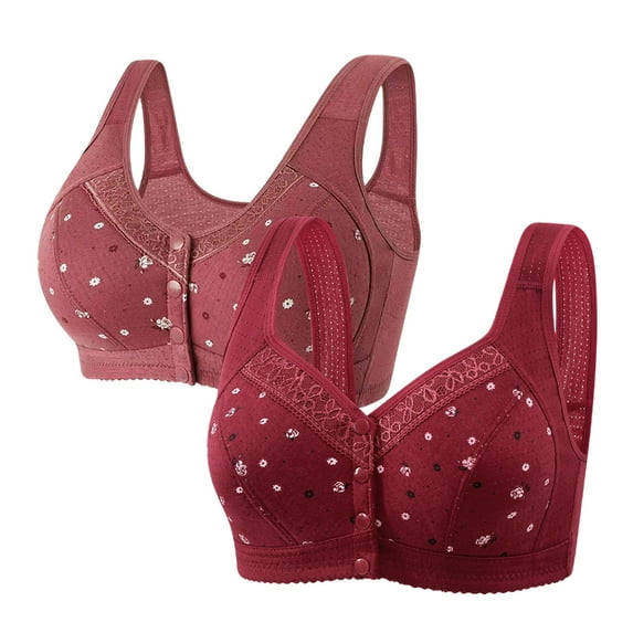 Women Front Closure Senior Bras, 2 Pack, Snap Bras for Old Women No Underwire Snap Front Push up Padded Bras Floral Print Lace V-Neck Wireless Bras Wine 4XL