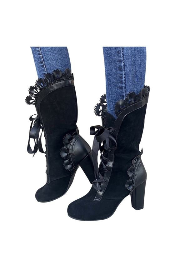 Women Front Ribbon LaceāUp Mid Calf Boots Faux Suede Gothic Retro Block Heel Scalloped Ruffle Boots Fashion Booties Elegant Dressy Outfit Fall Winter Wear