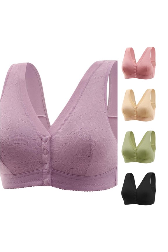 Women Front Side Buckle Lace Edge Wirefree Movement Seamless Gathering Adjustable Yoga Sleep Bra, 38, Purple