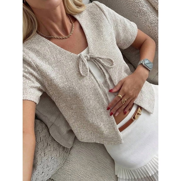 Women Front Tie Cropped Cardigan Short Sleeve Open Front Daily Going Out Jacket