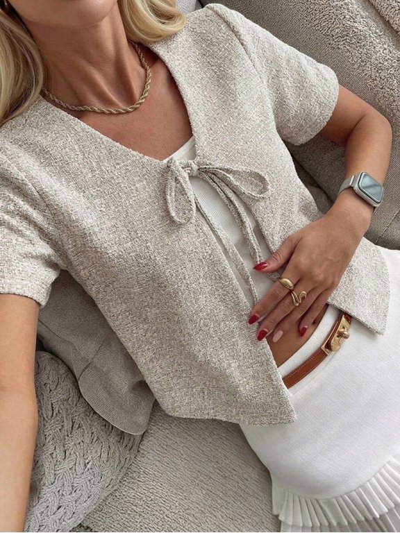 Women Front Tie Cropped Cardigan Short Sleeve Open Front Daily Going Out Jacket