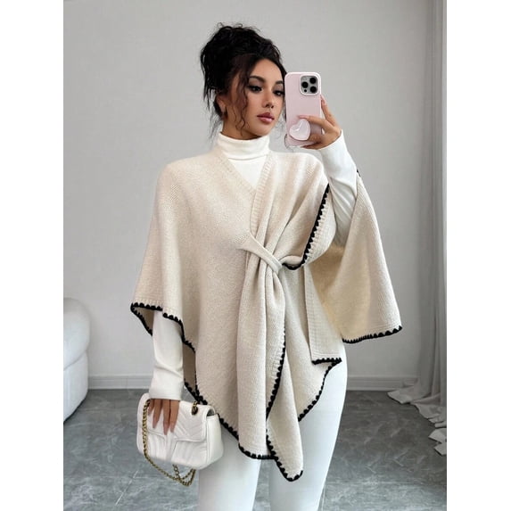 Women Front‑Tie Wrap Cape Shawl, Contrast‑Trim Poncho Cover‑Up, Versatile Layering Cape for Daily Evening Casual Outfits
