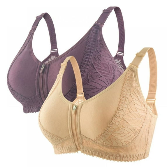 Women Front Zipper Sports Bra Adjustable Extra-Elastic Seamless Lace Yoga Bra Everyday Bra, 2 Pack