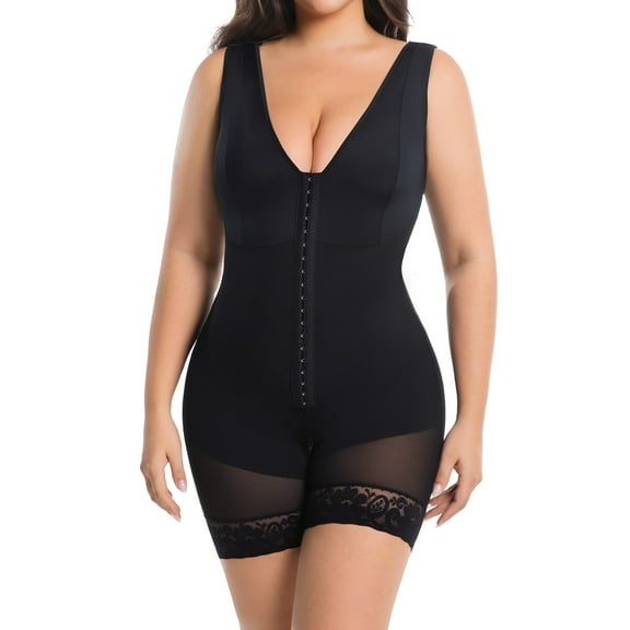 Women Full Body Shaper with High Compression Shapewear Bodysuit Lace Trim Adjustable Fajas Moldeadoras De Cintura Y Abdomen Black 2XL