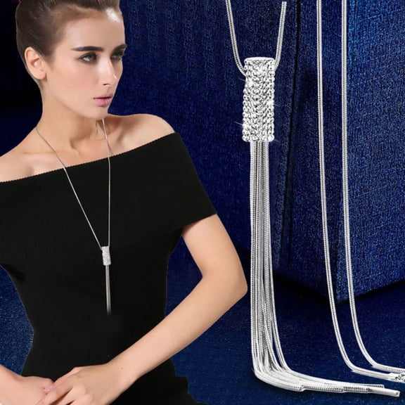 Women Full Cubic Zircon Cylinder Pendant Long Chain Tassel Sweater Necklace