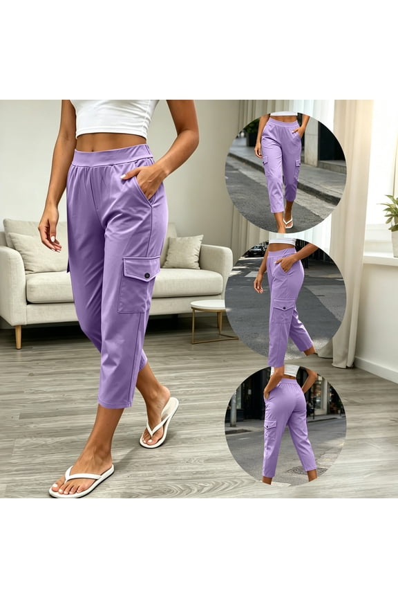 Women Full Length Capris Pants Baeitkot Women Solid Color with Elastic Waist Casual Clothes Pockets Full Length Capris Pants Purple M