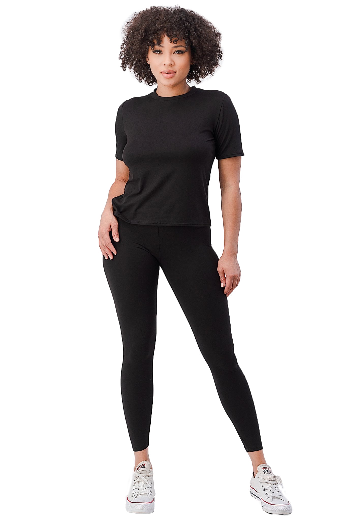 Women Full Length Solid T-Shirt Set With Leggings Black Large Black Large