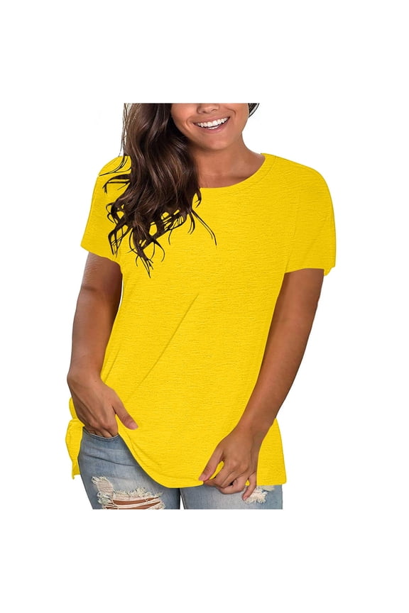 Women Short Sleeve Shirt Round Neck Casual Top Plus Size Solid Color Basic T-Shirts Summer Beach Outwear