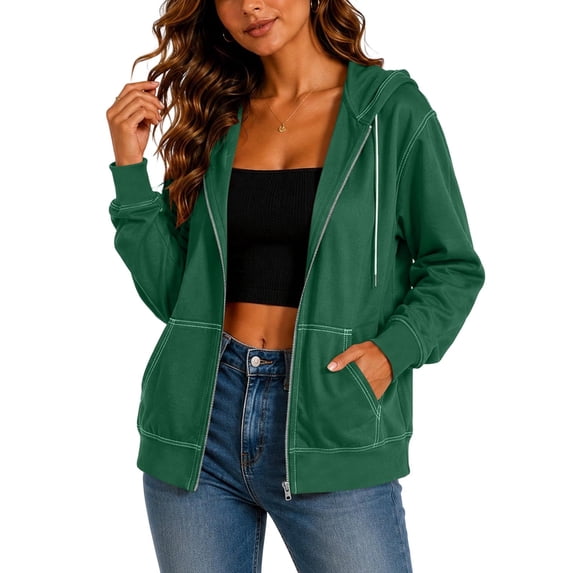 Women Full Zip Contrast Stitch Hooded Jacket Long Sleeve Hoodie with Pocket for Daily Casual Outdoor Size L