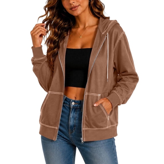 Women Full Zip Contrast Stitch Hooded Jacket Long Sleeve Hoodie with Pocket for Daily Casual Outdoor Size XL