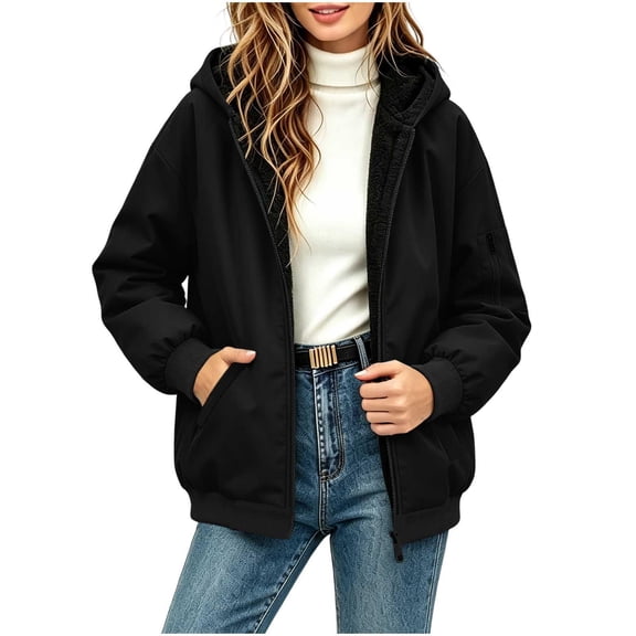 Women Full Zip Fleece Lined Rain Jacket Hooded Waterproof Raincoat,Warm Windbreaker Coat Daily Outdoor Wear,Black,L