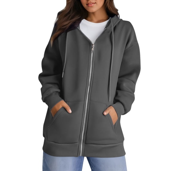 Women Full Zip Up Hooded Sweatshirt Long Sleeve Drawstring Oversized Casual Solid Color Fall Winter Hoodie Jacket With Kangaroo Pockets