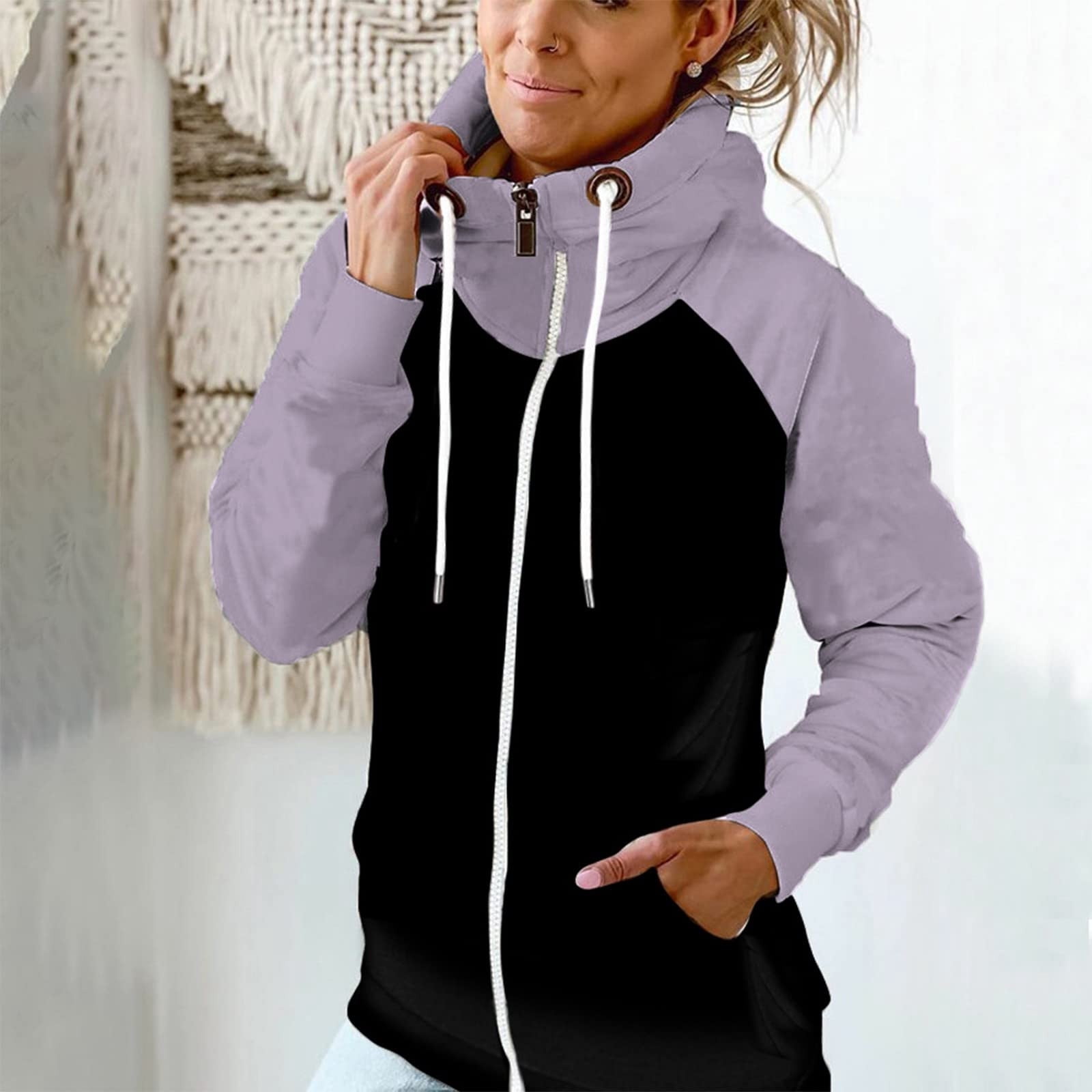 Women Full Zip Up Hoodie Jacket Cowl Neck Drawstring Hoodie Color Block  Long Sleeeve Outwear Sportswear Tracksuit - Walmart.com
