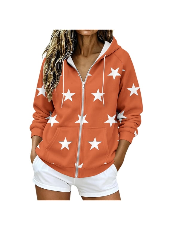 Women Full Zip-Up Hoodie Jacket Star Print Long Sleeve Cute Hooded Sweatshirt with Front Pockets Streetwear Orange XXL
