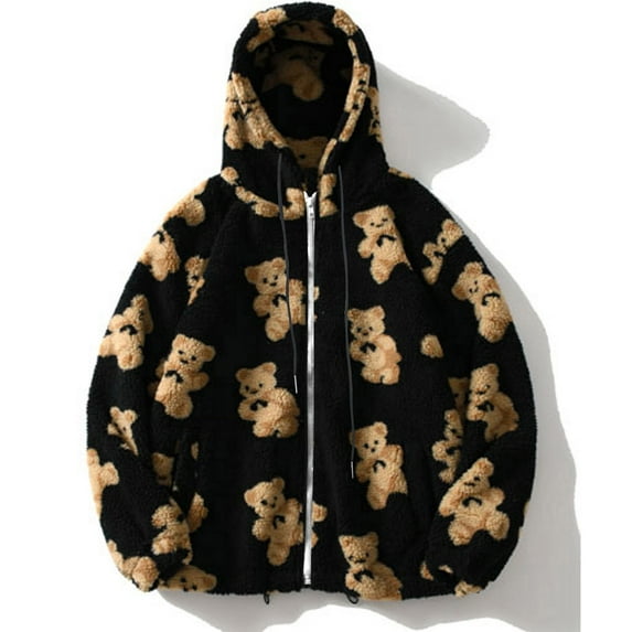 Women Full Zip Up Long Sleeve Hooded Cute Teddy Bear Print Drawstring Coat Fleece Outwear with Pocket