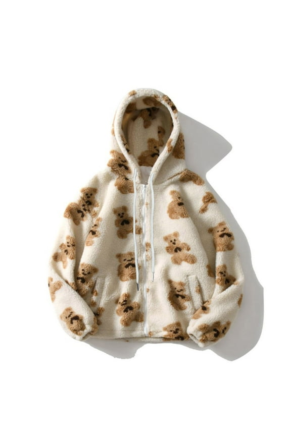 Women Full Zip Up Long Sleeve Hooded Cute Teddy Bear Print Drawstring Coat Fleece Outwear with Pocket