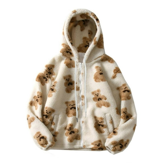 Women Full Zip Up Long Sleeve Hooded Cute Teddy Bear Print Drawstring Coat Fleece Outwear with Pocket