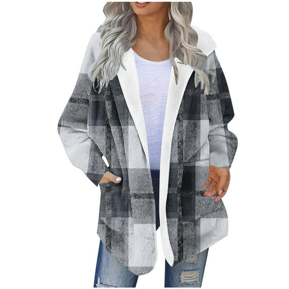 Women Full Zipper Plaid Jackets Fleece Solid Color Long Sleeve Hooded Coats Casual Thickened Thermal Outerwear Black L