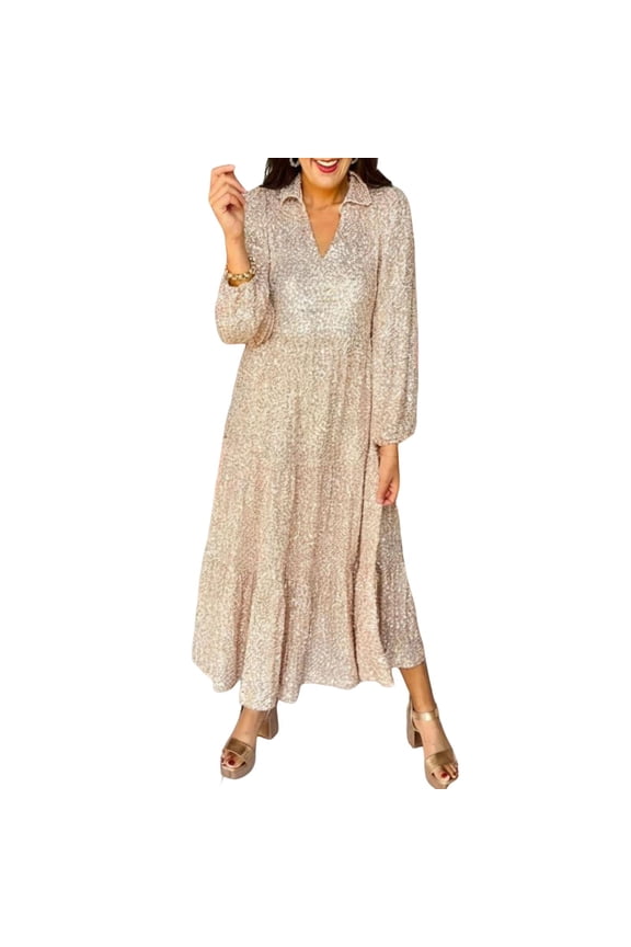 Women Full-length Long Dress Women's Spring Autumn Sequin A-line Dress V Neck Long Sleeves Mid-calf Length Patchwork Maxi Dress for Prom Dating V-neck