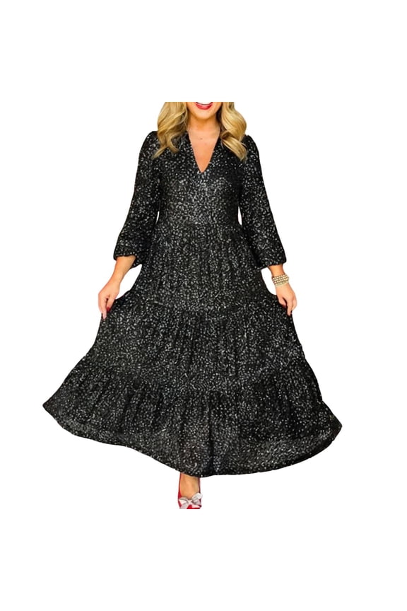 Women Full-length Long Dress Women's Spring Autumn Sequin A-line Dress V Neck Long Sleeves Mid-calf Length Patchwork Maxi Dress for Prom Dating V-neck