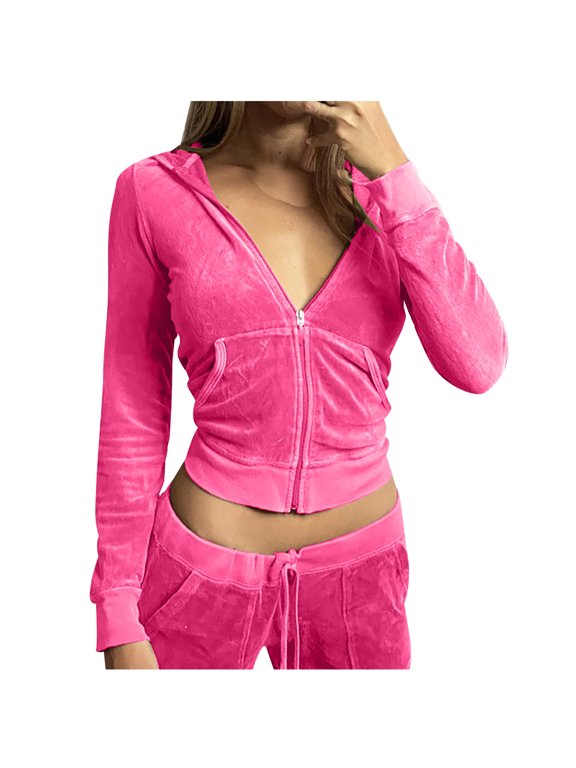 Women Full-zip Velvet Crop Jacket with Hood Pockets Long Sleeve Fitted Short Zip Up Hoodie Sweatshirt Coats (Small, Hot Pink)